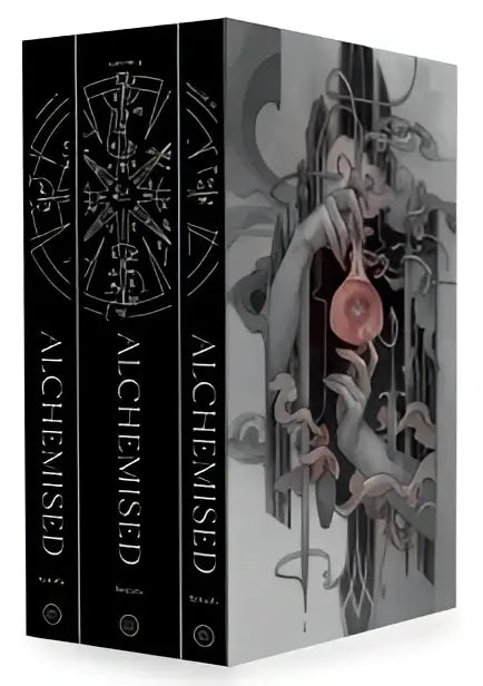 De alchemised deluxe drie-delige hardcover set met zwart-wit illustraties en een roze roos is perfect voor dark fantasy en binnen fantasy avontuurlijke fictie fans