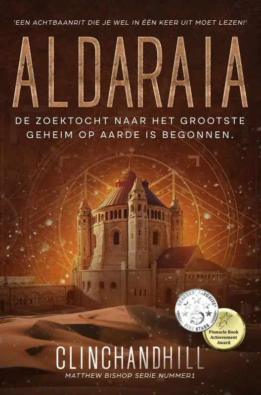 De cover van het boek aldarai door clinchandhill toont een groot stenen kasteel met koepeltorens en een oranje lucht en verwijst naar het grootste geheim