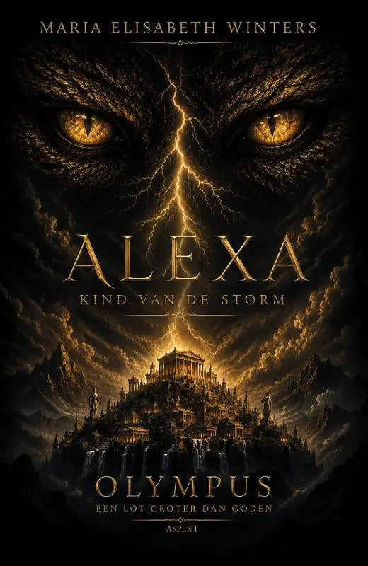 De boekcover van alexa kind van de storm door maria elisabeth winters toont gouden ogen met bliksem boven een oude stad