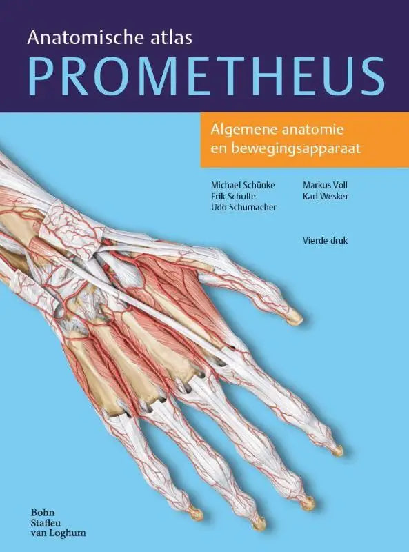 De cover van de anatomische atlas prometheus toont een gedetailleerde illustratie van een menselijke hand met zichtbare botten en bloedvaten voor algemene anatomie door erik schulte en michael schünke