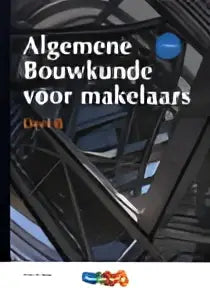 Een stapel zwarte hardcover boeken met wit en blauw tekst op de rug getiteld algemene bouwkunde voor makelaars van c
