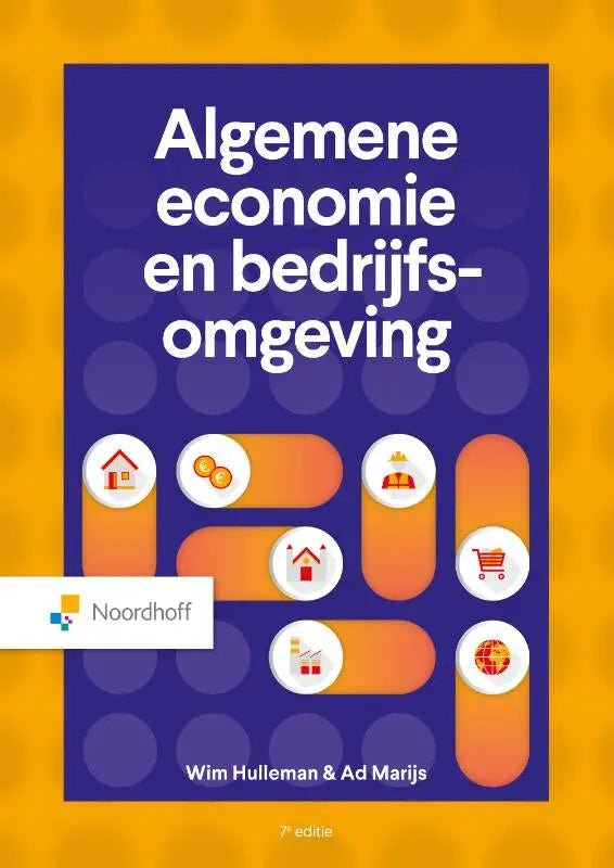 Paarse boekomslag met oranje en witte iconen titel algemene economie en bedrijfsomgeving door wim hulleman ad marijs voor bedrijfskunde hoger onderwijs