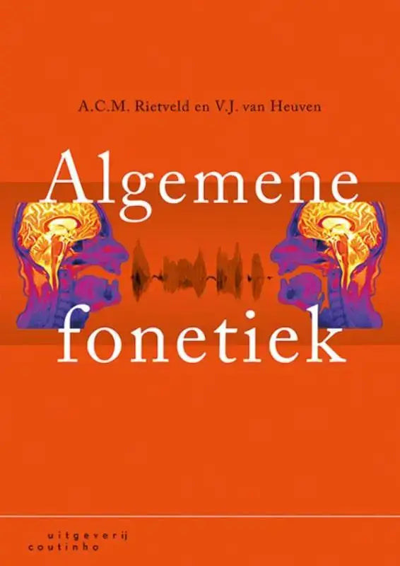 Oranje boekomslag algemene fonetiek met gestileerde paarse en gouden hoofdprofielen en hersenbeeld door emeritus hoogleraar acm