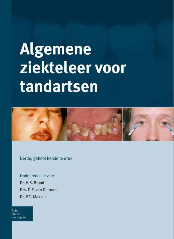 De cover van de algemene ziekteleer voor tandartsen van bsl media toont een donkerblauwe achtergrond met witte tekst en drie insetfoto’s van tandheelkundige aandoeningen