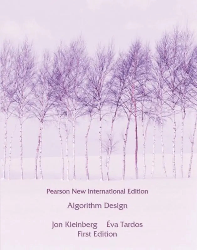 De boekomslag van algorithm design pearson new international edition toont een winterlandschap met witte en paarse berkenbomen