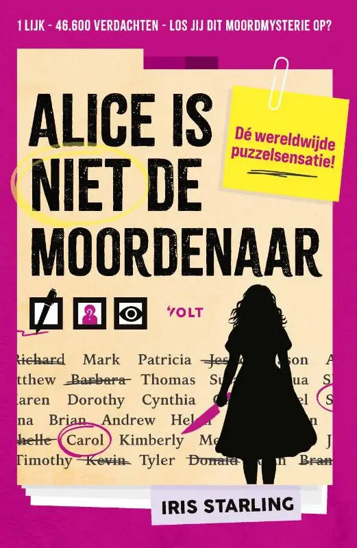 Boekcover van alice is niet de moordenaar met zwarte tekst en magentakleurige accenten op beige achtergrond