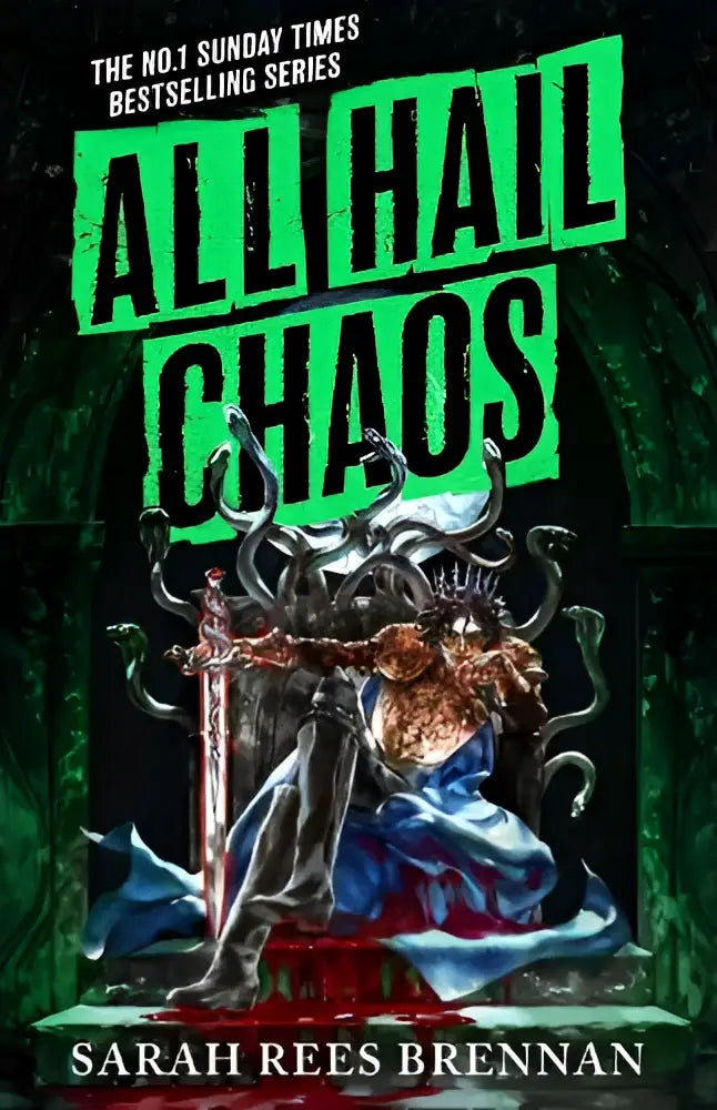 De boekomslag van all hail chaos toont een monsterlijke figuur op een troon in gotische architectuur, sequel op long live evil