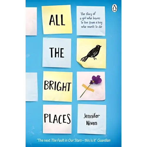 Boekomslag met plaknotities voor All the Bright Places op een witte achtergrond