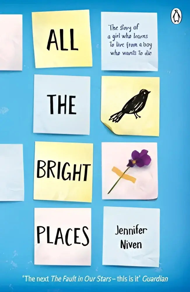 Boekomslag met plaknotities voor All the Bright Places op een witte achtergrond