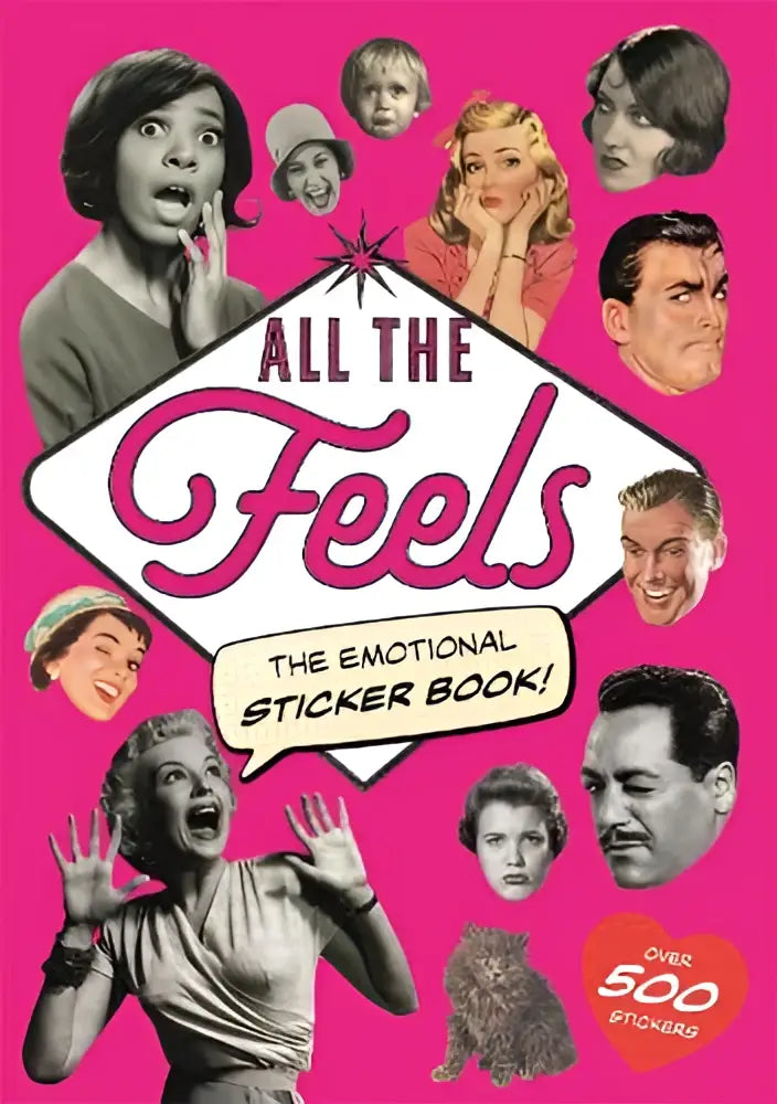Pink diamantvormig stickerboek all the feels met meer dan 500 emotionele stickers en zwart-witte illustraties van gezichten en een kat