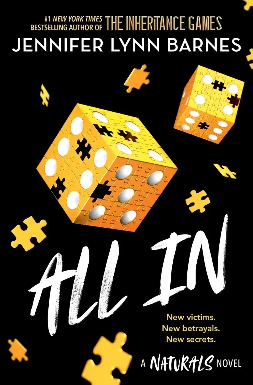 Gele puzzelstukdobbelstenen van all in the naturals 3 door jennifer lynn barnes op zwarte achtergrond