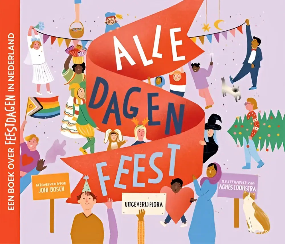 De kinderboekcover van joni bosch toont een levendig oranje lintbanner met witte en navy tekst dagen feest