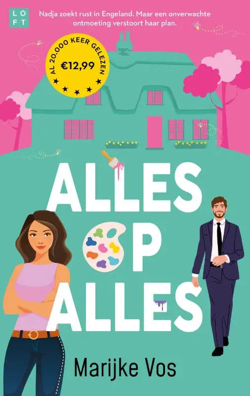 Boekcover van alles op alles door marijke vos met een teal huis en roze luiken tegen een felroze lucht ambo anthos