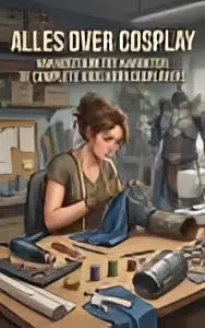 Vrouw in blauwe jurk werkt aan cosplay kostuum aan tafel met boeken achter haar complete gids
