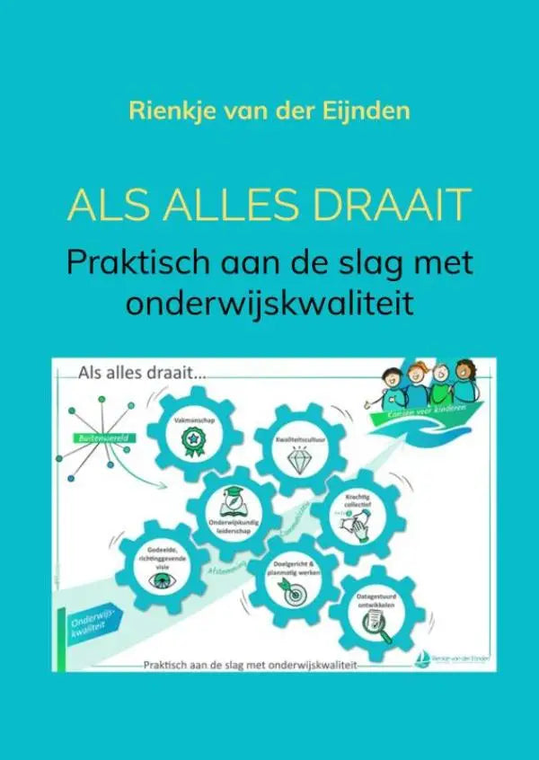 Het boek alles draait heeft een turquoise kaft met gele titel van rienke van der eijnden over onderwijskwaliteit