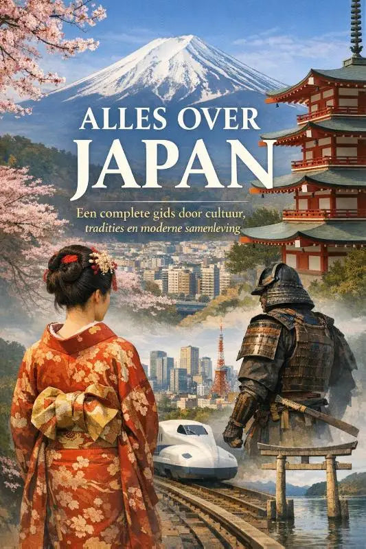 Het boekcover van alles over Japan toont een complete gids met Mount Fuji en moderne samenleving elementen