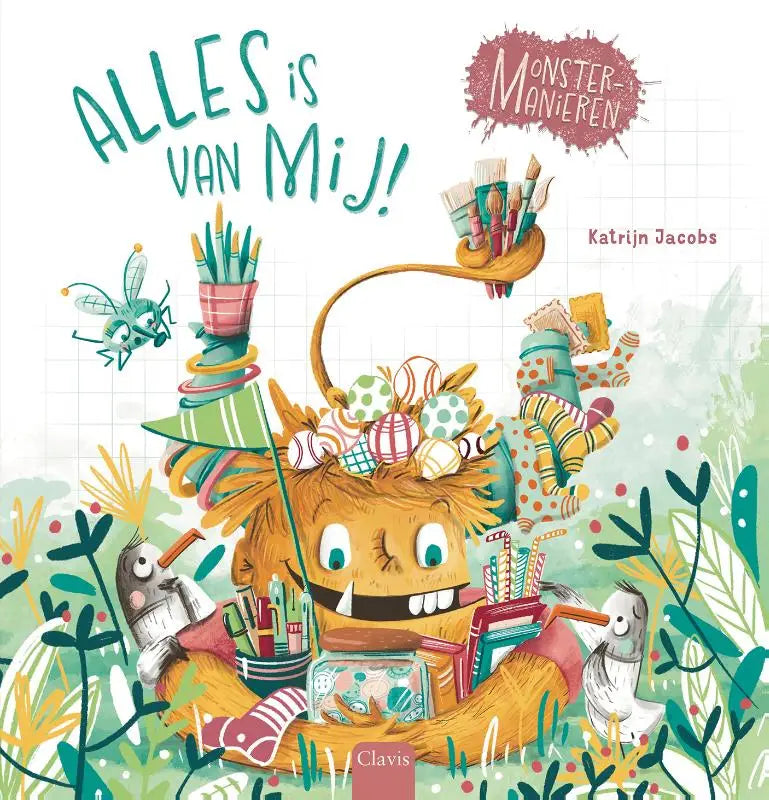 Whimsical kinderboek cover met vrolijk oranje monster en kleurrijk tekenmateriaal van clavis uitgeverij alles is van mij