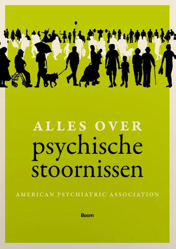 Lime groene boekomslag met zwarte silhouetten van diverse mensen en titel in witte en zwarte letters over psychische stoornissen door american psychiatric association