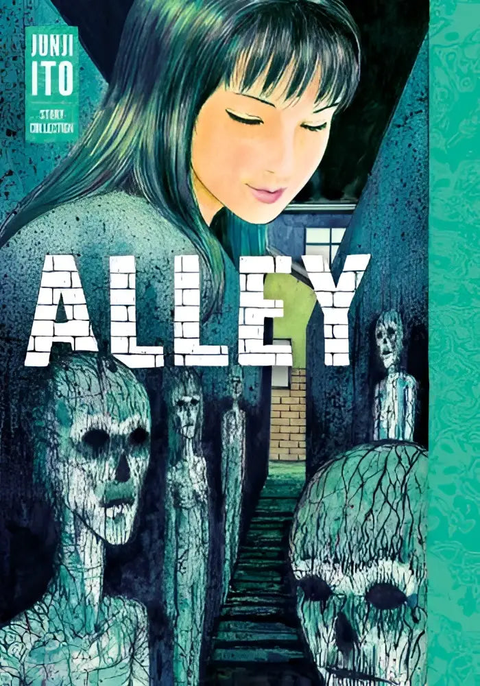 The cover of alley junji ito story collection shows eerie skeletal figures in teal and gray against a dark alleyway backdrop