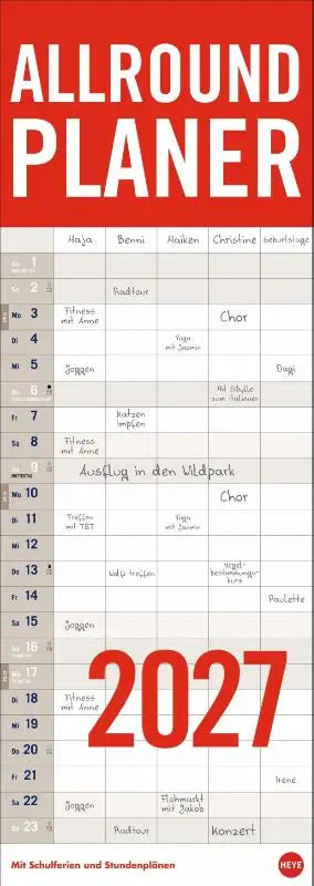 Rode en witte allround planer 2027 vertical kalender met grid layout en praktischer wandplaner mit schulferien und 5 spalten