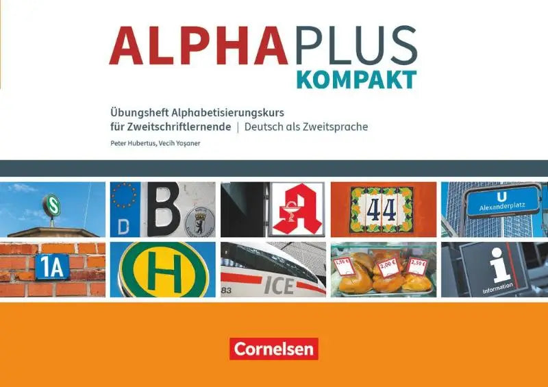 De alphaplus a1 kompaktkurs übungsheft omslag met kleurrijk raster van gestileerde Duitse borden en symbolen