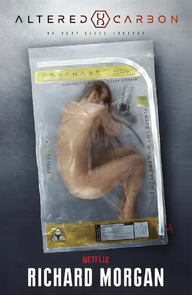 De poster van de netflix serie altered carbon toont een translucent plastic verpakking met een image van een naakt figuur en psychasec branding op het altered carbon book 1 carbon book product
