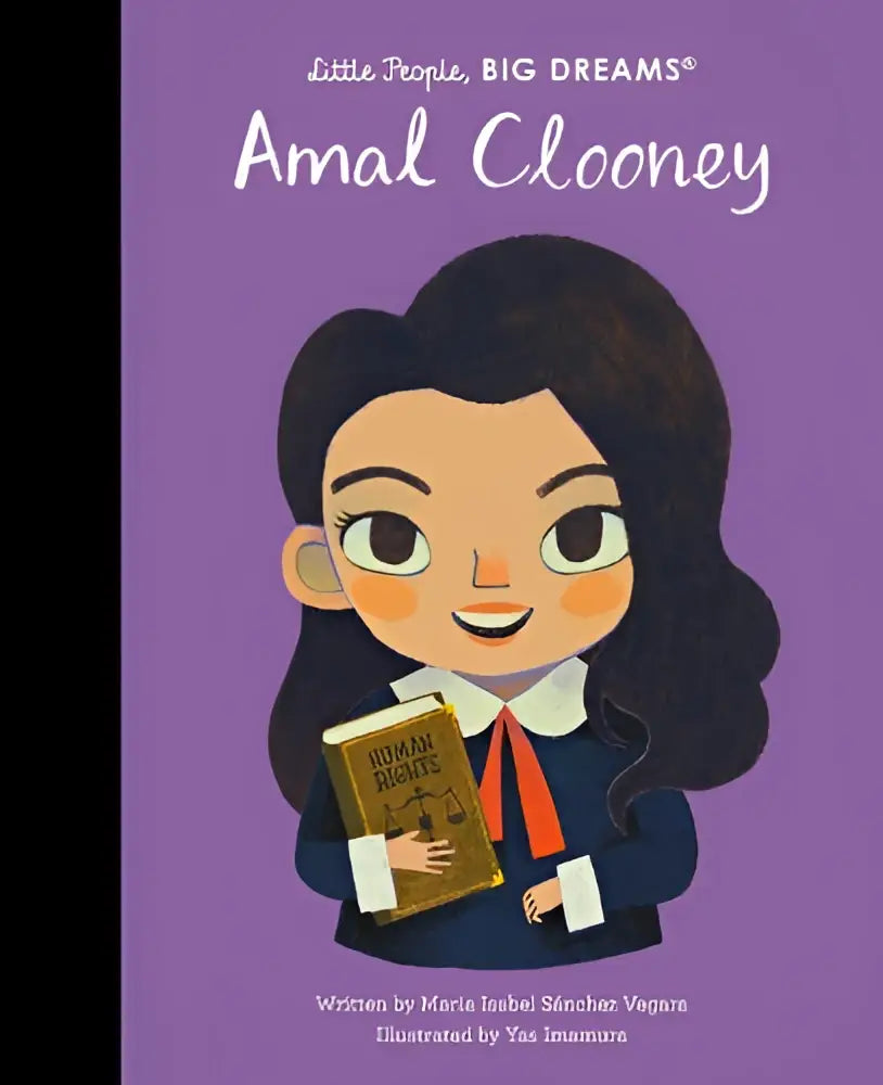 Paarse kinderboekcover met cartoon amal clooney in blauw pak met oranje stropdas en gouden human rights boek, little people big dreams