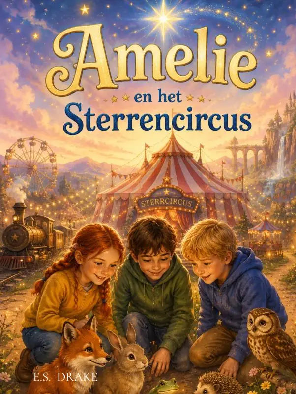 De kinderboekcover van amelie en het sterrencircus door e.s. toont een magische reis onder de blauwe ster voor jonge lezers