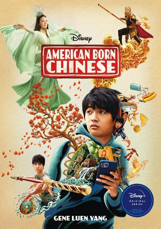 De poster van de disney plus serie american born chinese toont een centrale figuur met een blauwe smartphone