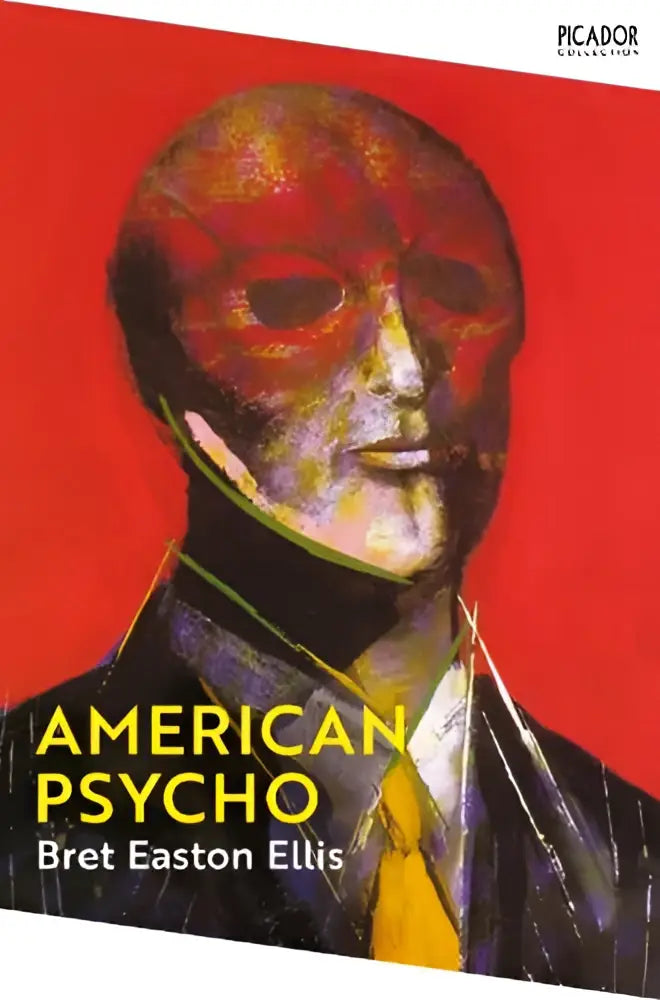 De boekcover van american psycho door bret easton ellis toont een man in pak en gele das voor een rode achtergrond
