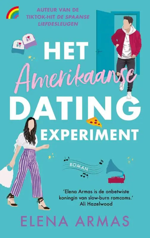 De omslag van het boek het amerikaanse datingexperiment van elena armas toont geïllustreerde personages op een blauwe achtergrond