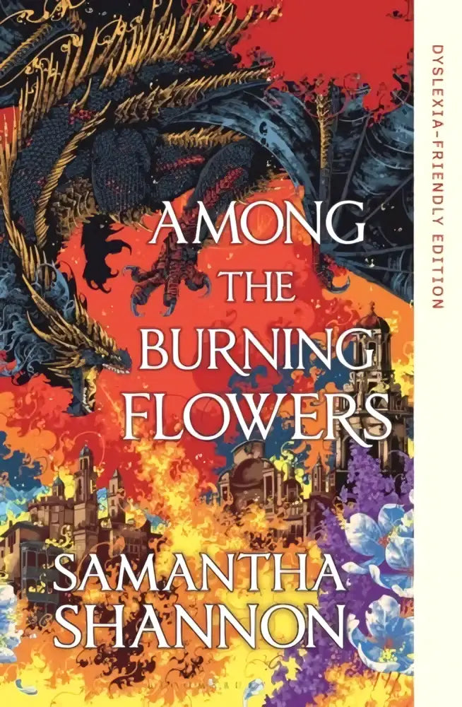 De boekcover van Among the Burning Flowers dyslexievriendelijke editie toont een donkere draak op een vurige achtergrond