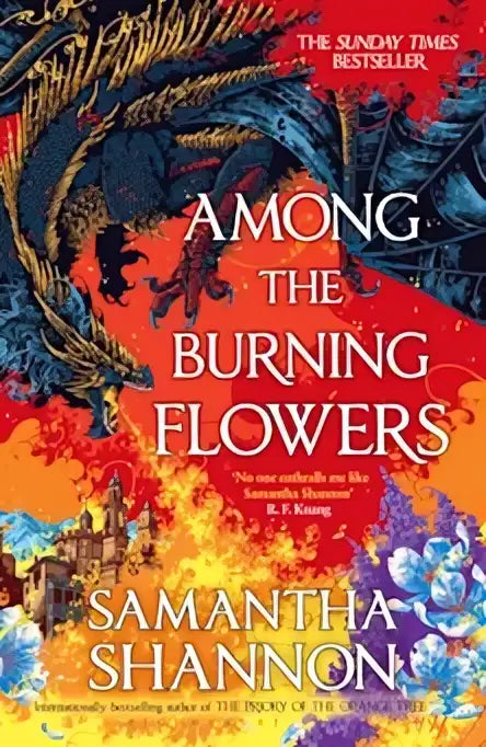 De boekcover van among the burning flowers illustrated edition toont een donkerblauwe draak in vurige oranje en rode vlammen