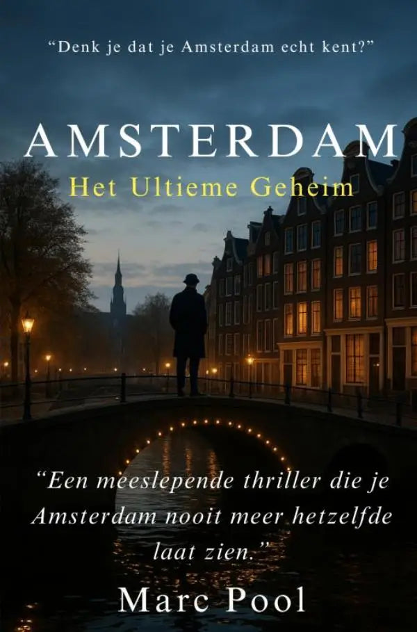 De boekcover van amsterdam het ultieme geheim toont de titel amsterdam in witte letters met de subtitle ultieme geheim