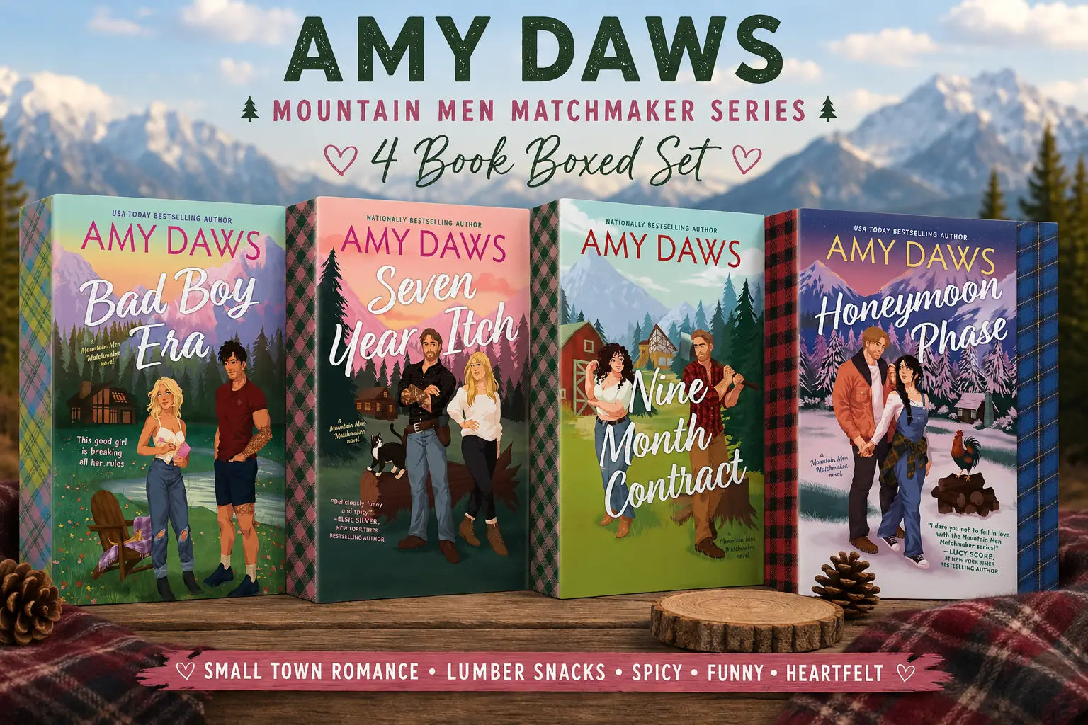 Vier boekomslagen van amy daws mountain men matchmaker serie met roe monroe thema en honeymoon phase setting