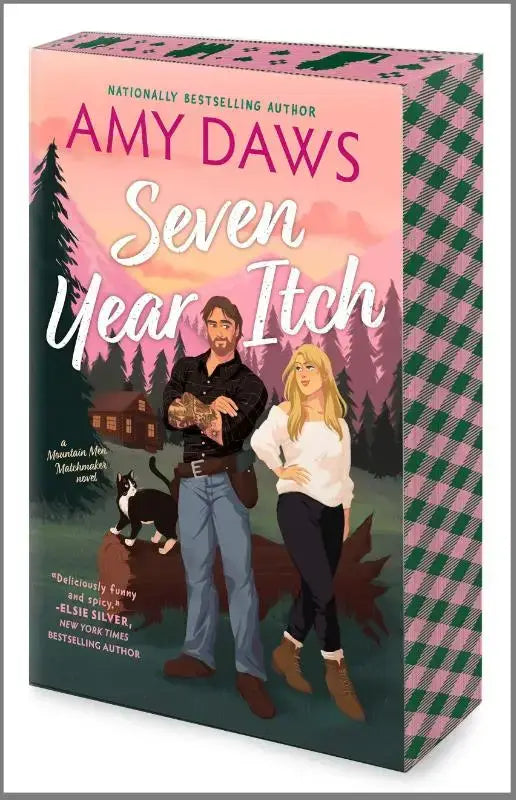 Hardcover boek seven year itch door amy daws in roze en groene ruit met focus op honeymoon phase en roe monroe
