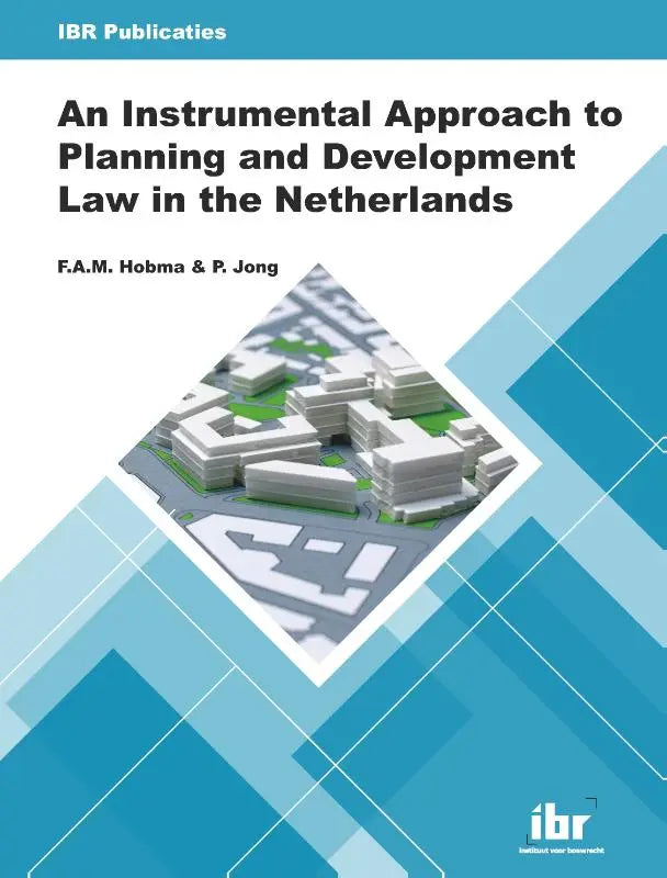 Blauw-wit geometrisch patroon boekomslag met 3d stedelijke gebouwen model voor planning en development law in Nederland