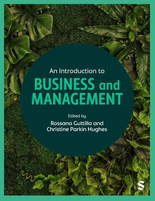 The book cover for an introduction to business and management features bold teal lettering on a dark green circle with tropical foliage
