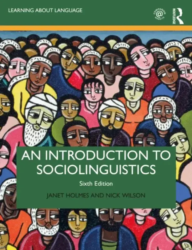 De boekcover van an introduction to sociolinguistics toont een kleurrijke illustratie van diverse mensen op een donkere achtergrond