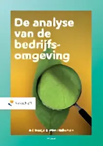 Het boek analyse van de bedrijfsomgeving van wim hulleman toont een groene vergrootglas op limegroene achtergrond en off-white rug met zwarte tekst algemene economie
