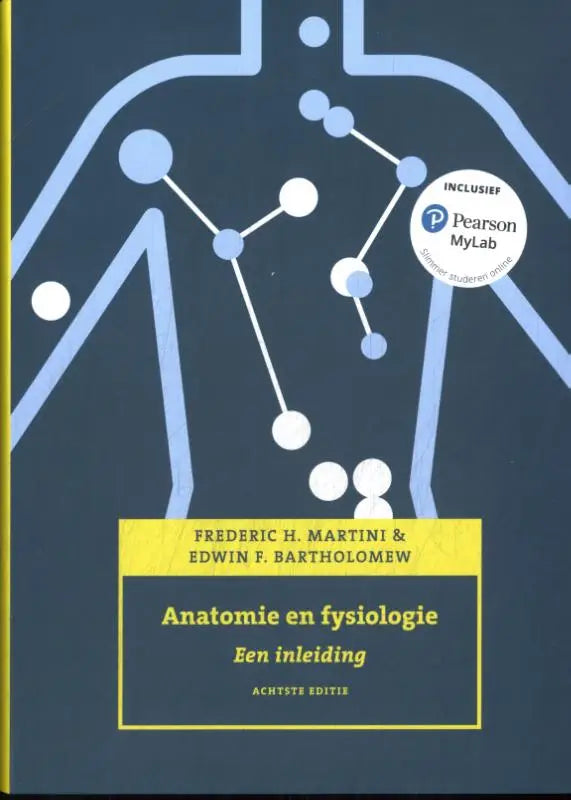 Donkerblauw studieboek met gestileerde anatomische tekening en titel anatomie en fysiologie van frederic h