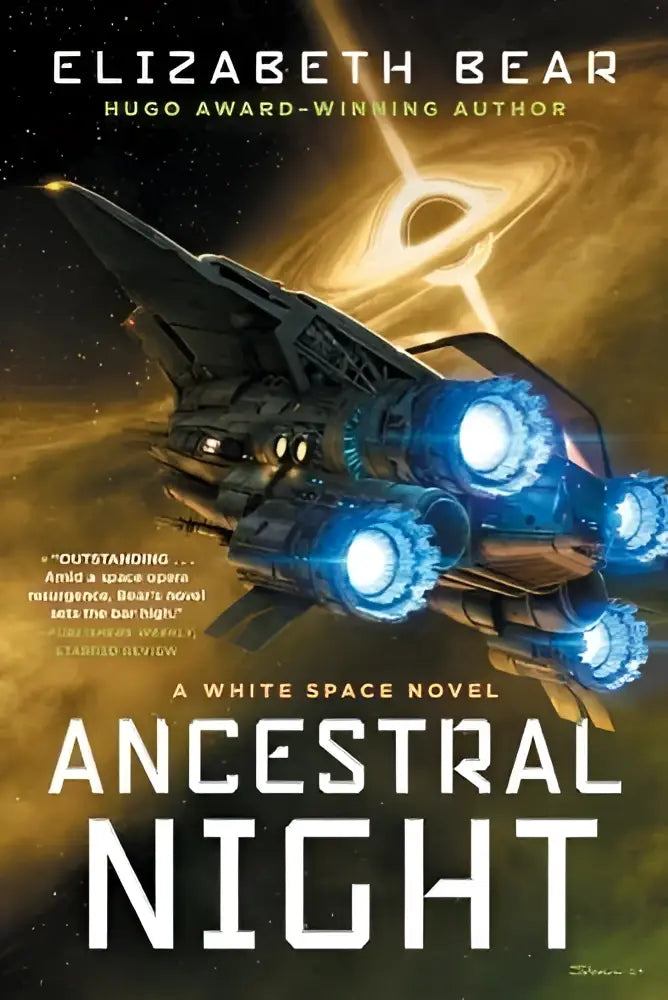 De cover van ancestral night toont een strak donkergrijs ruimteschip met blauwe motoren in een space opera setting