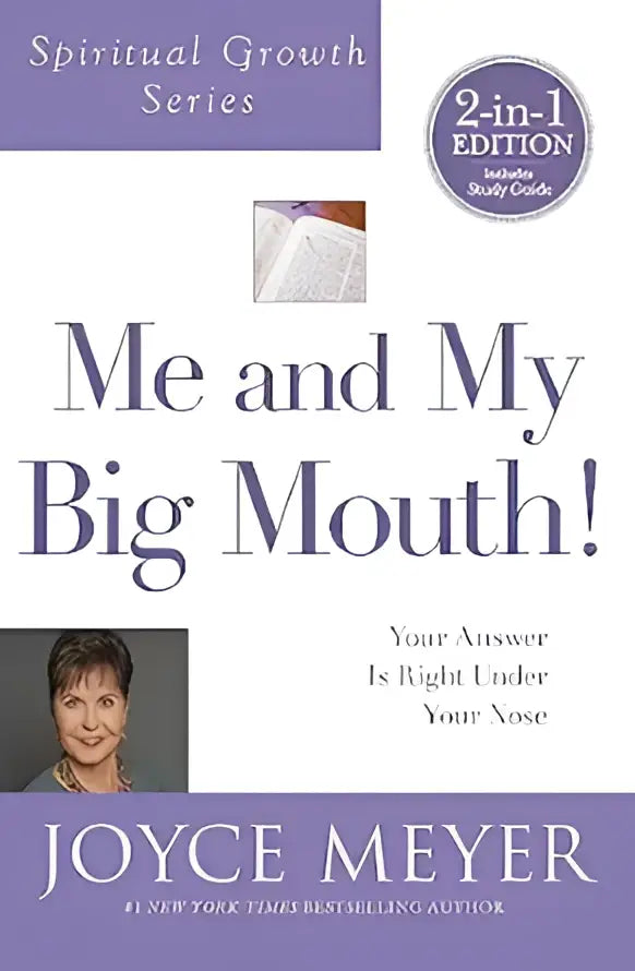 Paars boek met witte tekst en foto auteur joyce meyer getiteld me and my big mouth spiritual growth series