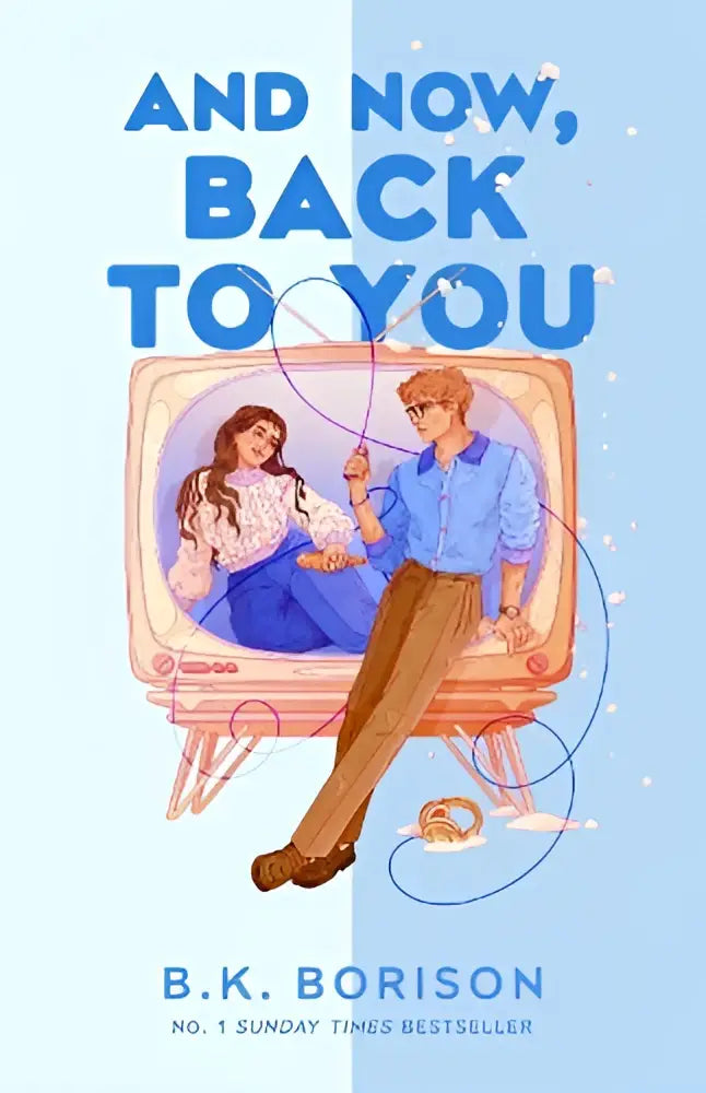 Lichtblauw boekomslag met illustratie van man en vrouw in vintage tv en now back to you door b.k back to you