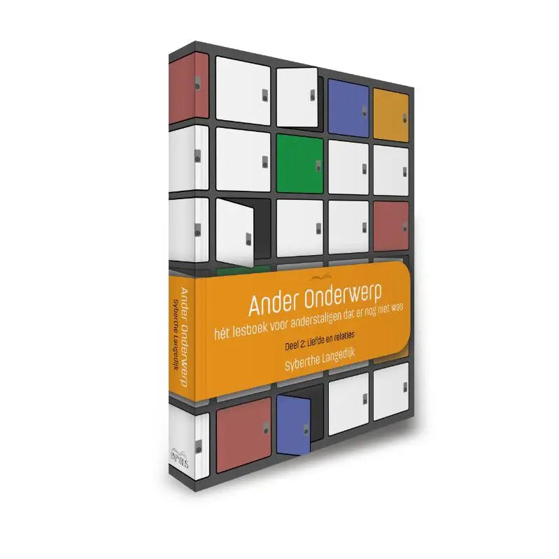 Een vibrerend kubusvormig boek met zwart frame en kleurrijke lockerpanelen in hét lesboek ander onderwerp