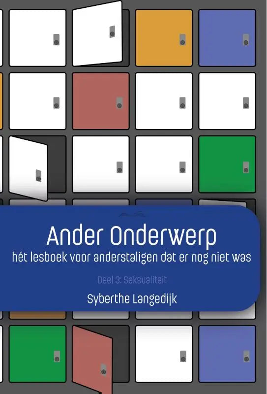 De boekcover van het hét lesboek ander onderwerp toont een kleurrijk raster van minimalistische witte, oranje, blauwe, rode en groene kluisjes