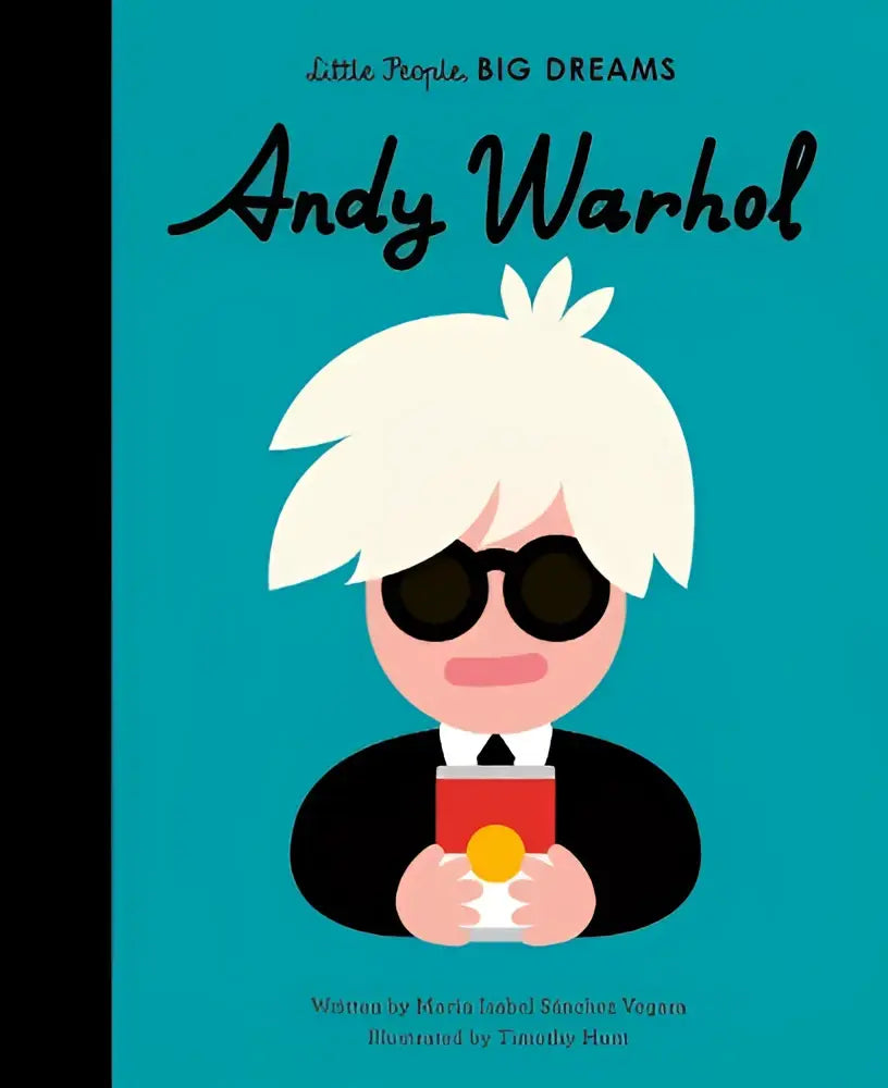 Een geïllustreerde boekomslag van andy warhol met wit haar en zwarte zonnebril voor jonge lezers little people