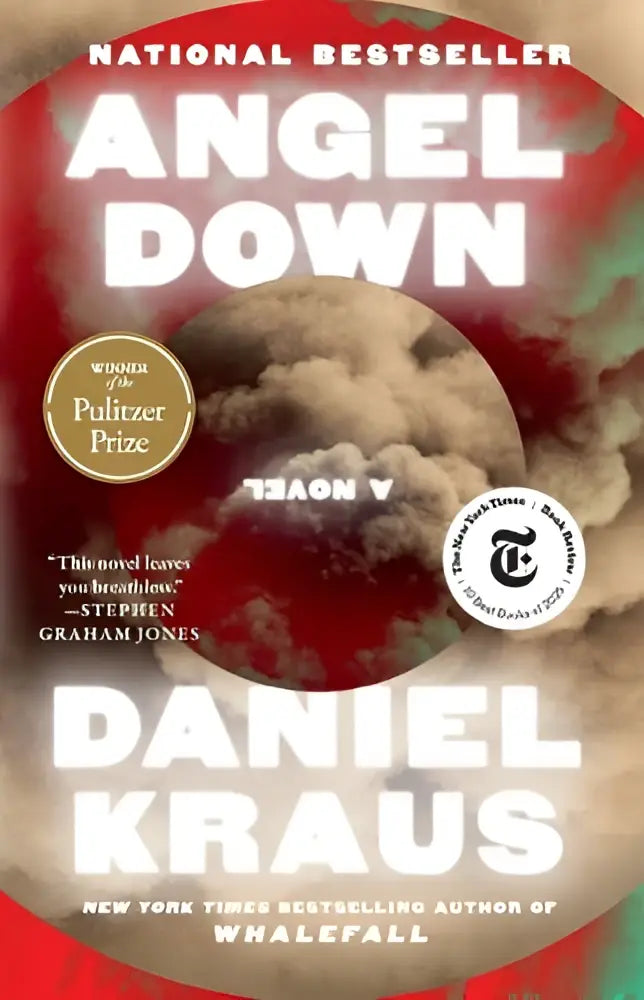 De boekomslag van angel down van daniel kraus toont witte tekst op een rode en grijze achtergrond met de pulitzer prize winnaar zegel