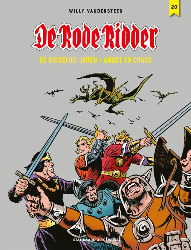 De cover van het comic boek de rode ridder angst en chaos door karel biddeloo toont kleurrijke ridders en een draak
