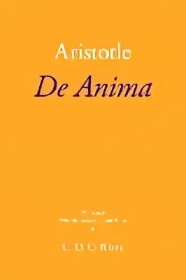 De cover van het boek de anima van aristoteles toont een minimalistisch ontwerp met donkerpaarse typografie op oranje achtergrond